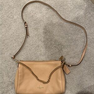 Coach Beige Leather Crossbody Bag with Gold Chain